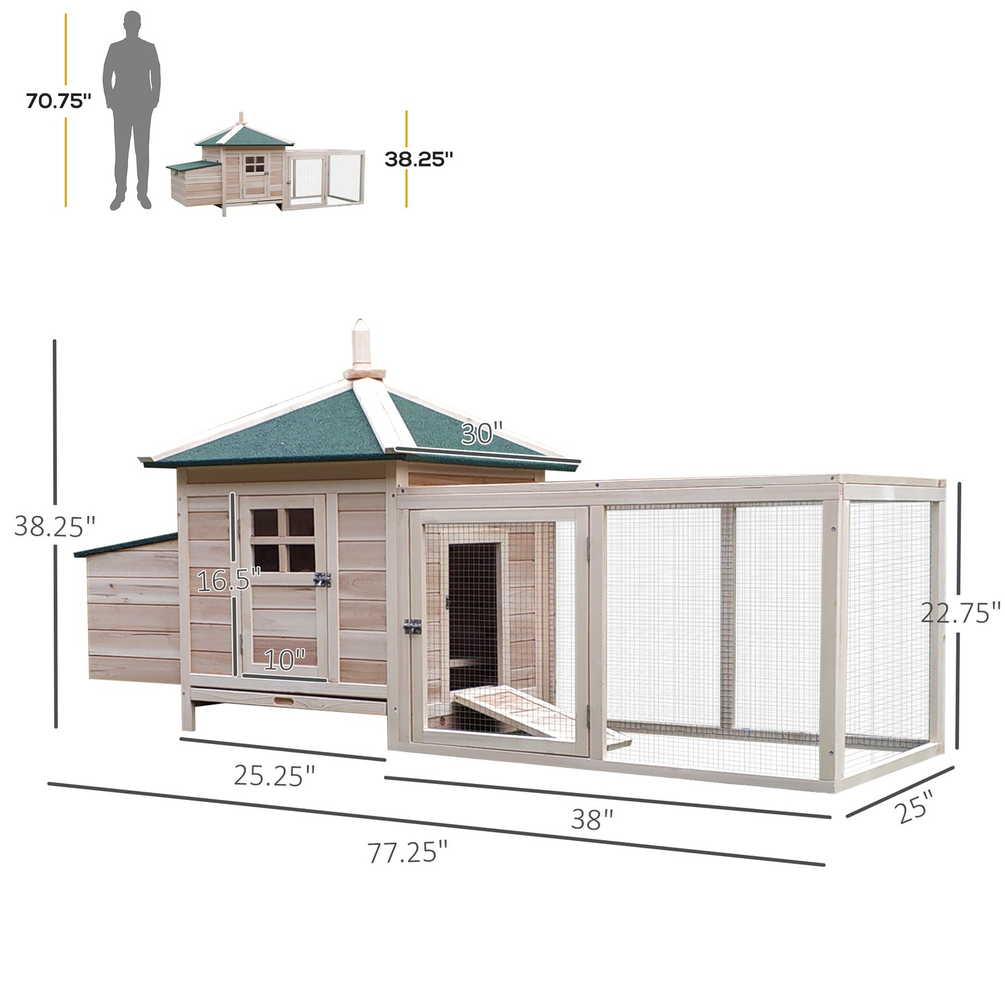 PawHut 77 Wooden Chicken Coop With Nesting Box, Cute Outdoor Hen House With Removable Tray, Ramp Run, For Garden Backyard, Natural