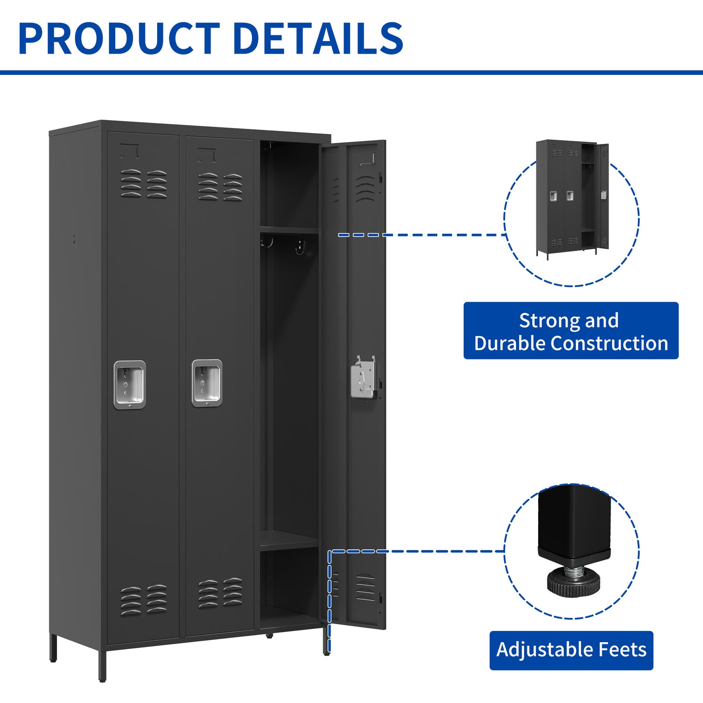 3 Door 72 H Metal Lockers With Lock For Employees,Storage Locker Cabinet  For Home Gym Office School Garage,Black