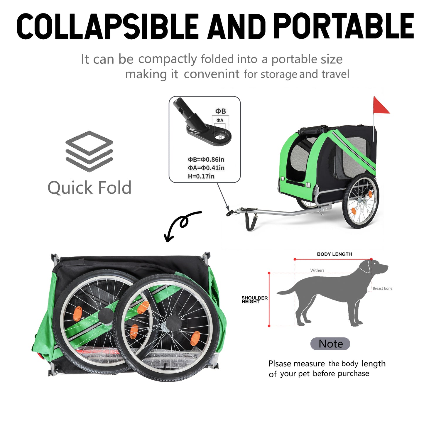 Large Folding Bike Trailer For Dogs - 100LB Capacity All-Terrain Pet Carrier, Durable Steel Frame For Cycling, Jogging, Camping & Outdoor Adventures, Black- Green