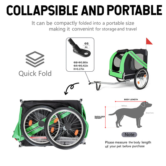 Large Folding Bike Trailer For Dogs - 100LB Capacity All-Terrain Pet Carrier, Durable Steel Frame For Cycling, Jogging, Camping & Outdoor Adventures, Black- Green