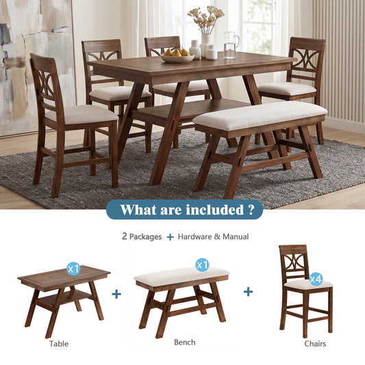 TOPMAX 6-Piece Wood Counter Height Dining Table Set With Storage Shelf, Kitchen Table Set With Bench And 4 Chairs,Rustic Style, Walnut Beige Cushion  Old Sku N717S000257AAD