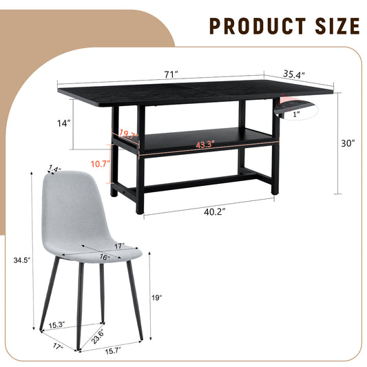 Table And Chair Set.71x35.4 Inch Black Grain Spliced Dining Table With Storage Function In The Middle Of The Table Legs.Paired With 8 Light Gray Linen-Cotton Material High Resilience Dining Chairs.