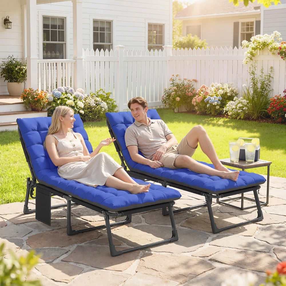 Folding Chaise Lounge Chair Outdoor Tanning Chair Set Of 2 With 5Position Backrest, Cushions, Side Pocket Five-position Adjustable Backrest