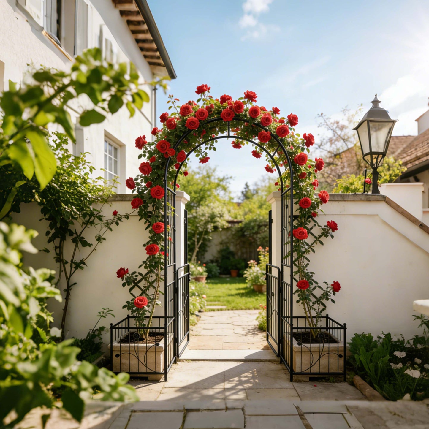 Metal Garden Arch With Gate 79.5  Wide X 86.6  High Climbing Plants Support Rose Arch Outdoor Black