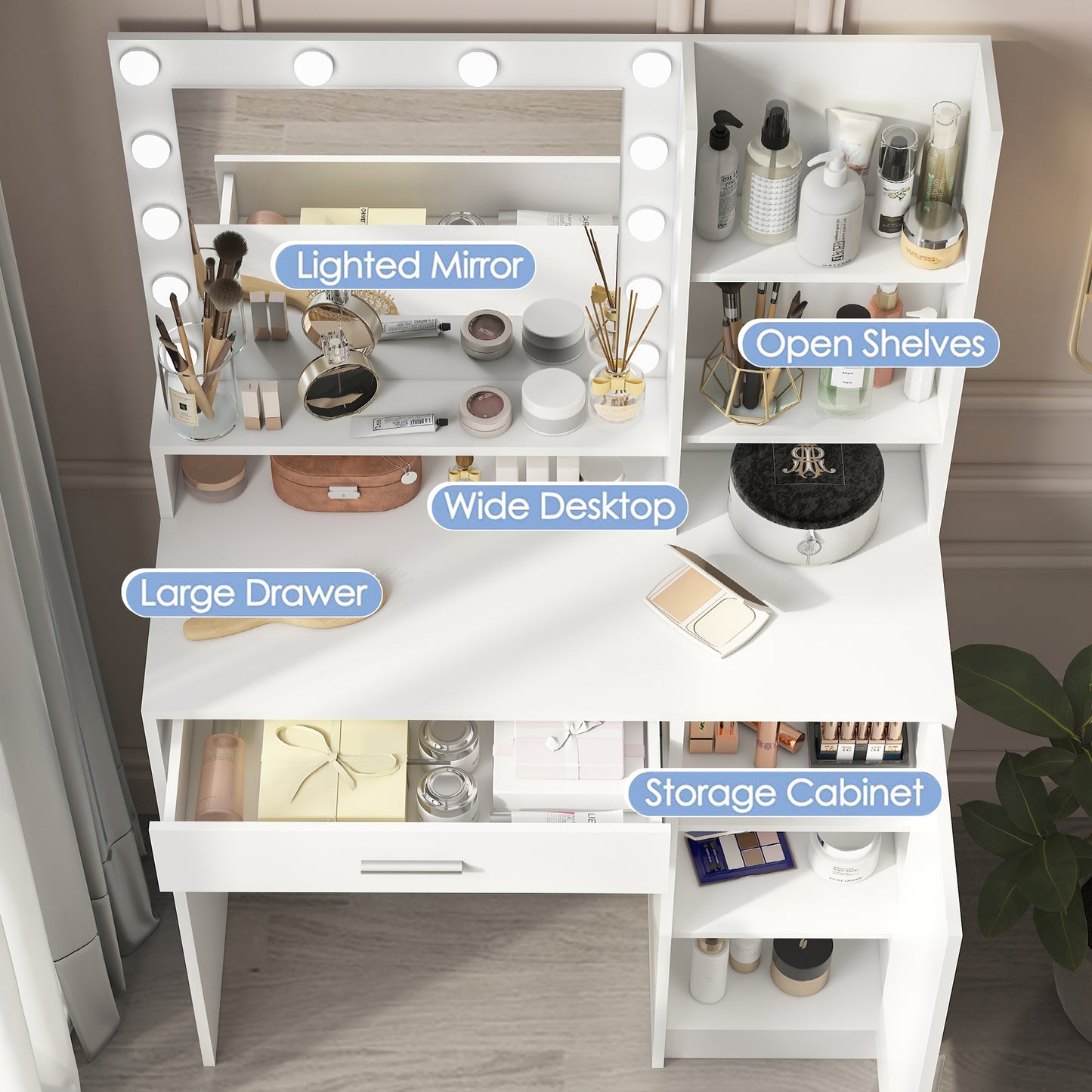 Vanity Desk With Mirror & Light, Large Drawer Three Level Storage Dresser, 3 Lighting Modes Adjustable Brightness, Bedroom Dressing Table White