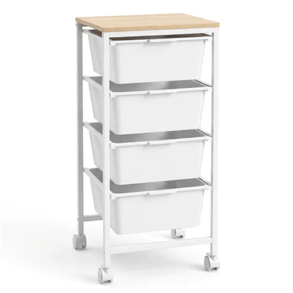 4-Drawer Rolling Storage Cart, Mobile Utility Organizer With MDF Wooden Top (Natural)