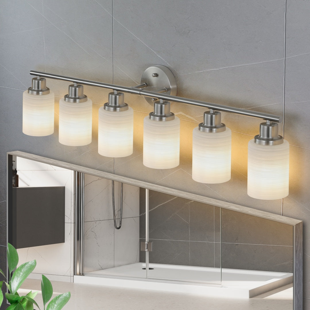 39  Modern 6-Light Vanity Wall Sconce, Brushed Nickel Finish With Frosted Glass Shades For Bathroom Or Hallway Lighting  No Bulbs