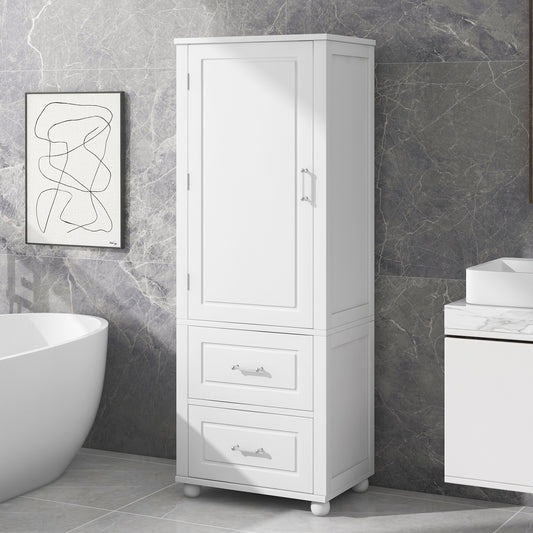 Tall Bathroom Storage Cabinet, Freestanding Storage Cabinet With Two Drawers And Adjustable Shelf, MDF Board With Painted Finish, White