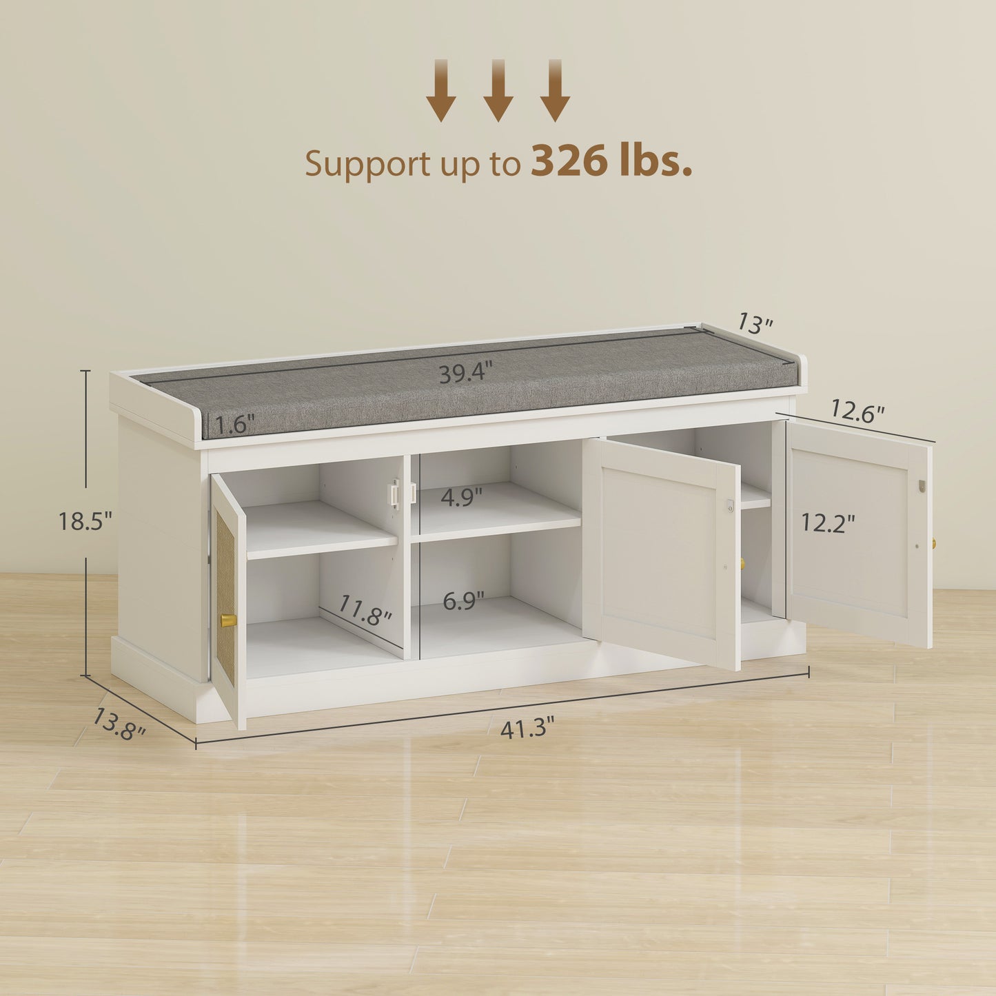 Shoe Storage Bench With Woven Rattan Doors, Shoe Bench With Cushion