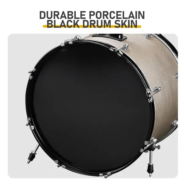 Full Size AdultDrum Set 5-Piece Silver With Bass Drum, Two Tom Drum, Snare Drum, Floor Tom, Stool, Drum Pedal, Sticks