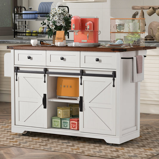 K&K 53.7  Farmhouse Kitchen Island With Power Outlet, 2 Sliding Barn Door Kitchen Storage Island With Drop Leaf, Spice Rack Rolling Kitchen Cart On Wheels, For Home, Kitchen And Dining Room, White