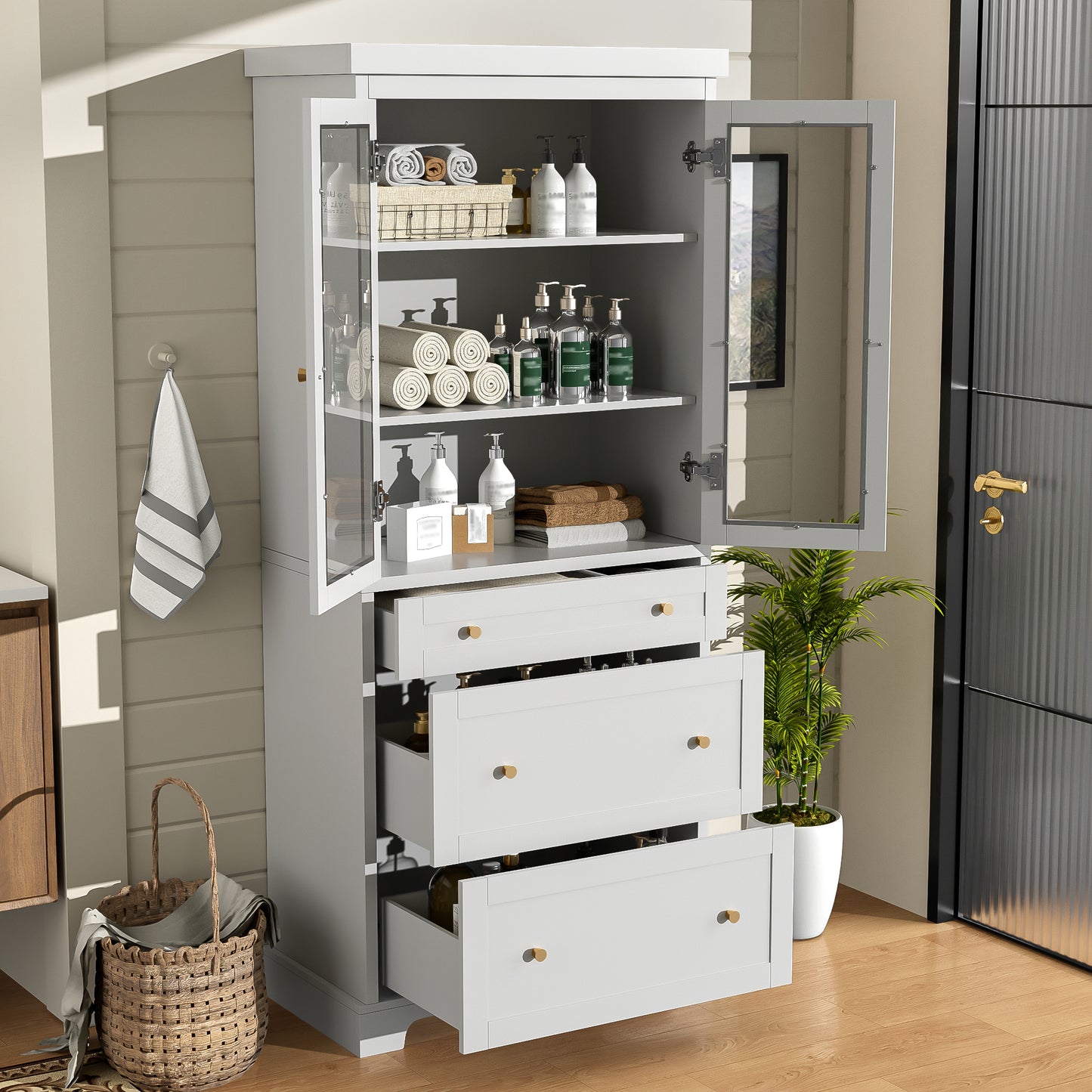 70.1  Modern High Freestanding Tall Bathroom Cabinet With 2 Adjustable Shelves, 3 Drawers, Soft Close Glass Doors -Ideal For Bathroom, Living Room, Kitchen Storage