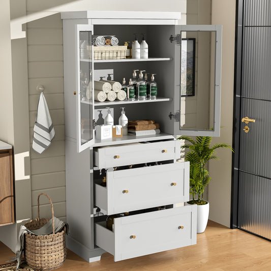 70.1  Modern High Freestanding Tall Bathroom Cabinet With 2 Adjustable Shelves, 3 Drawers, Soft Close Glass Doors -Ideal For Bathroom, Living Room, Kitchen Storage