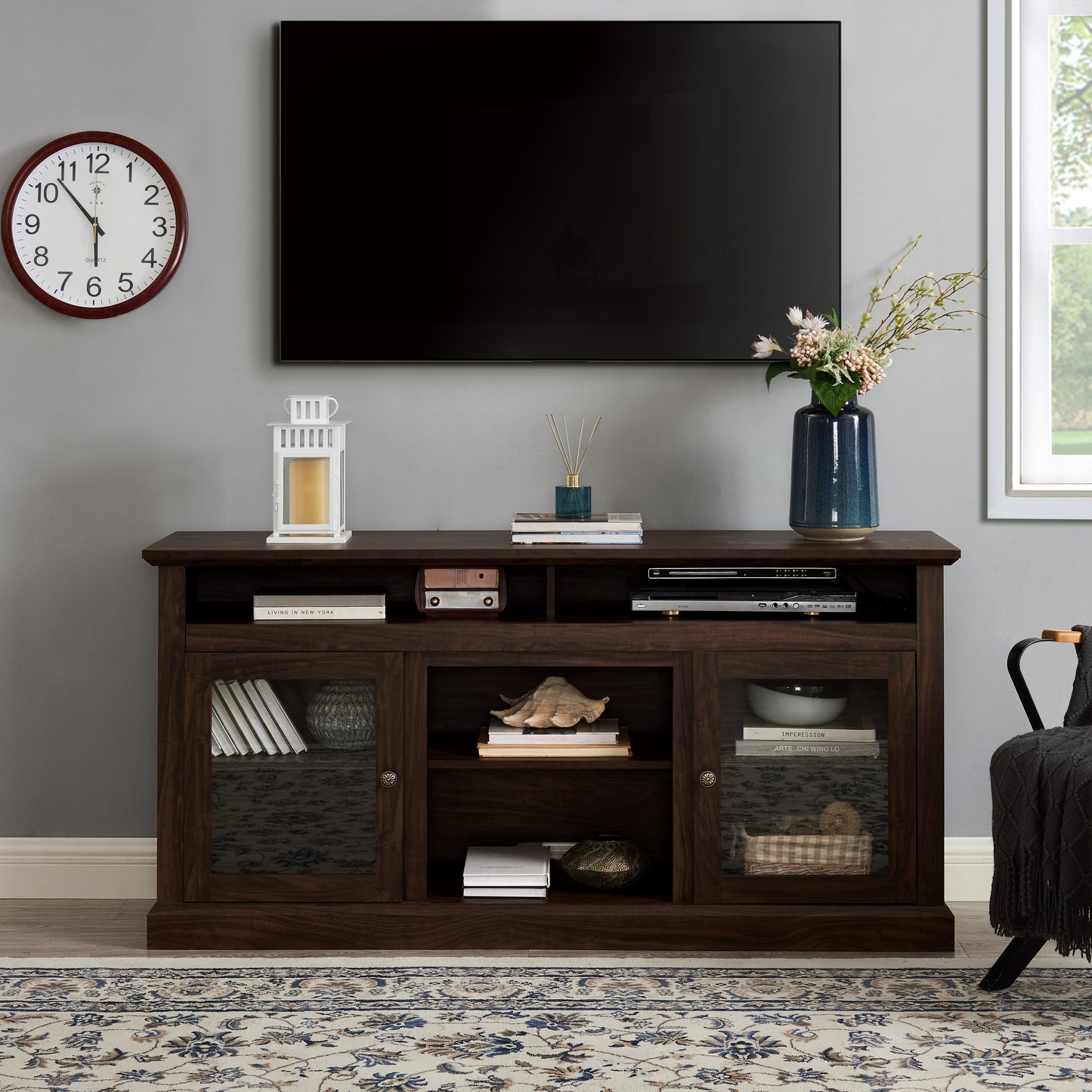 Modern TV Stand For Up To 65 Inch TVs, Entertainment Center Farmhouse TV Cabinet Media Console Table With Glass Doors For Living Room, Brown 60 W X15.75 Dx29 H