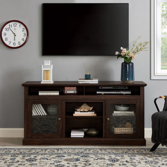 Modern TV Stand For Up To 65 Inch TVs, Entertainment Center Farmhouse TV Cabinet Media Console Table With Glass Doors For Living Room, Brown 60 W X15.75 Dx29 H