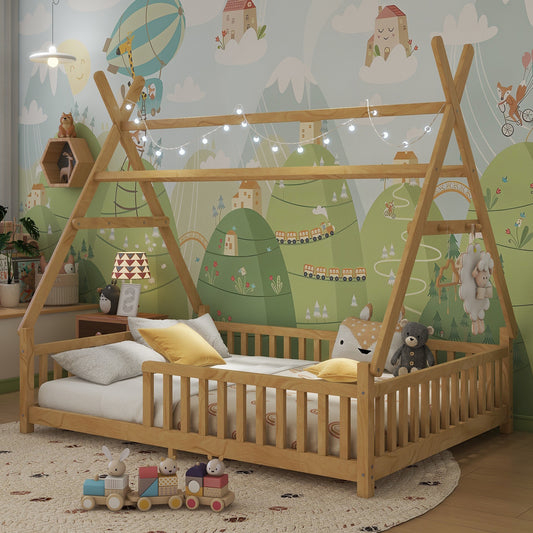 Full House Bed With Light, Low Floor House Bed With Fence And Roof For Kids Boys Girls,Natural