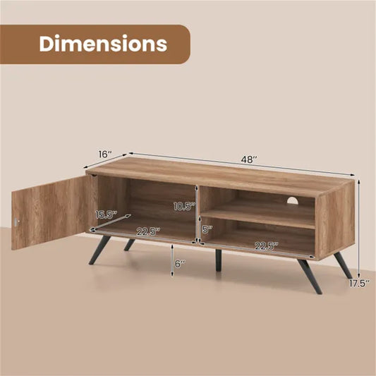 Oak Mid-Century Modern TV Stand For 55-Inch TVs, 210 Lbs Capacity Entertainment Center With Storage Cabinet & Cable Management