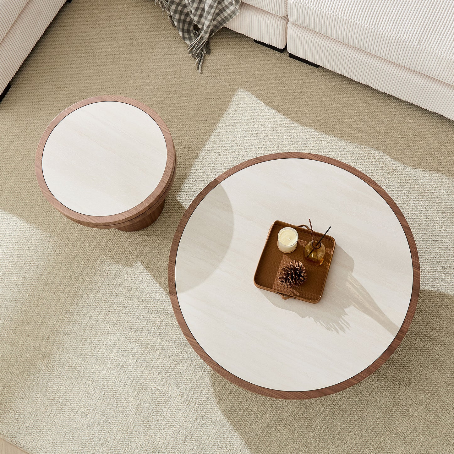 Set Of 19.49   35.43   MDF Round Coffee Table  Sintered Stone Tabletop For Living Room Apartment  Reception Room  WALNUT