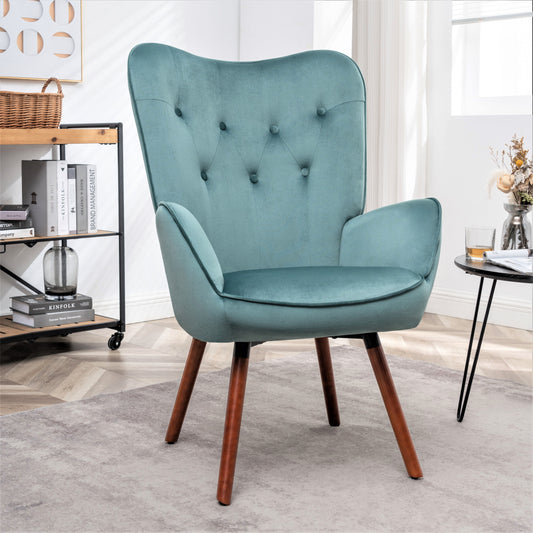 Mid-Century Modern Wingback Accent Chair, Button-Tufted Polyester Fabric Armchair With Solid Wood Splayed Legs For Living Room Bedroom Home Office