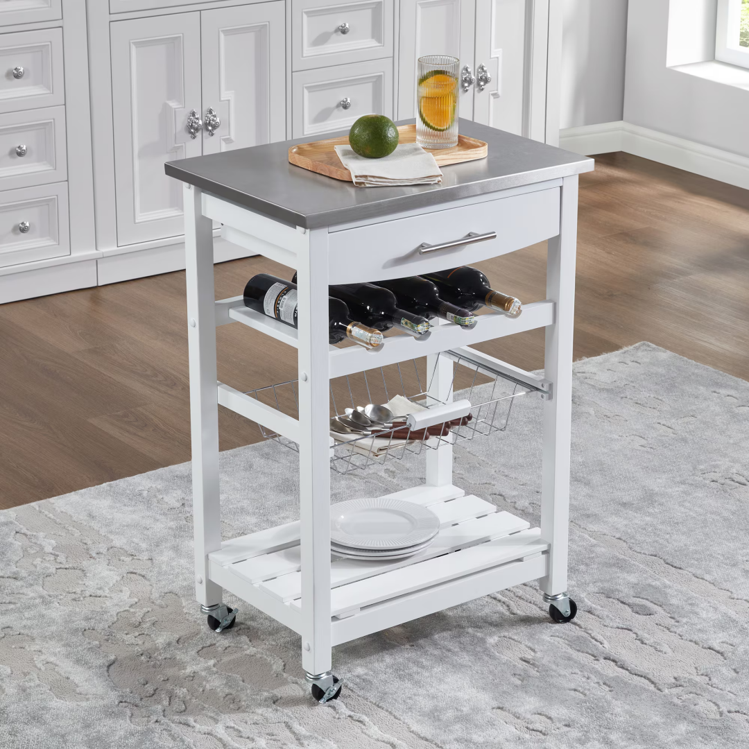 Mobile Rolling Kitchen Island Trolley Serving Cart With Underneath Drawer & Slide-Out Wire Storage Basket