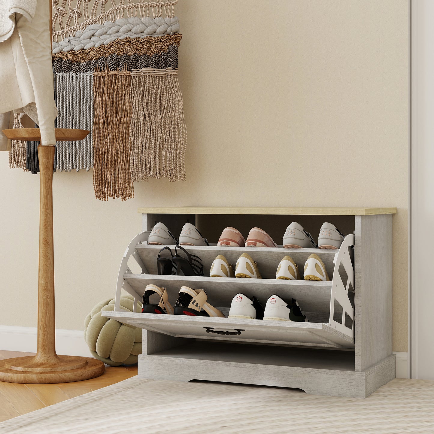 Shoe Storage Bench With 1 Flip Drawer And Adjustable Shelf, Small Shoe Cabinet  For Entryway, Hallway, Bedroom-Antique White