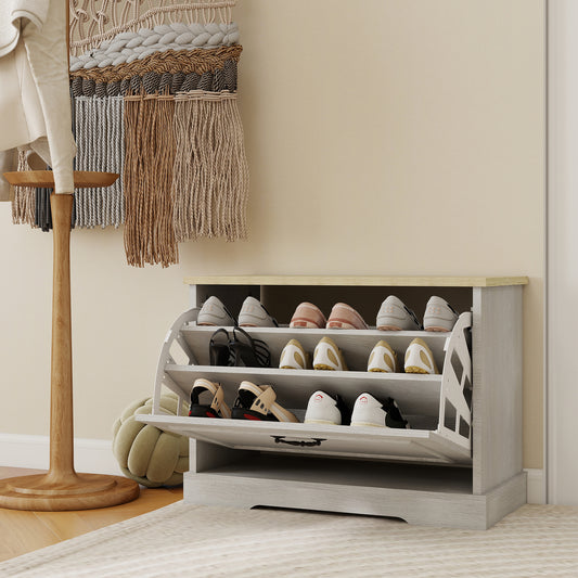Shoe Storage Bench With 1 Flip Drawer And Adjustable Shelf, Small Shoe Cabinet  For Entryway, Hallway, Bedroom-Antique White