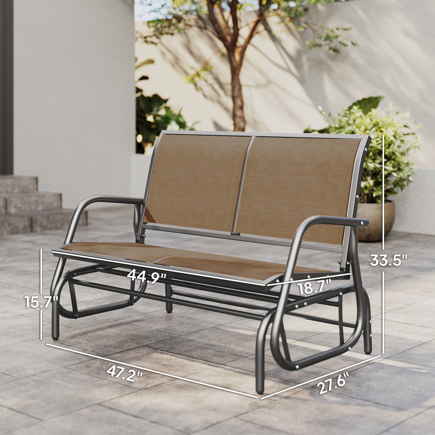 2-Person Outdoor Glider Bench, Patio Double Swing Rocking Chair Loveseat With  Steel Frame, Light Mixed Brown