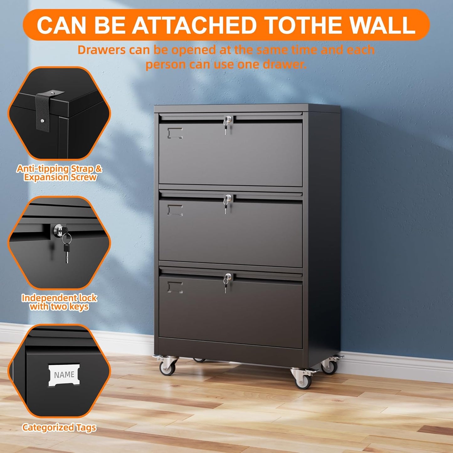 Aobabo 3 Drawer Lateral File Cabinet With Wheels,Metal Filing Cabinet With 3 Lock, For Home Office School Hanging Files Letter Legal F4 A4 Size, Assembly Required, Black