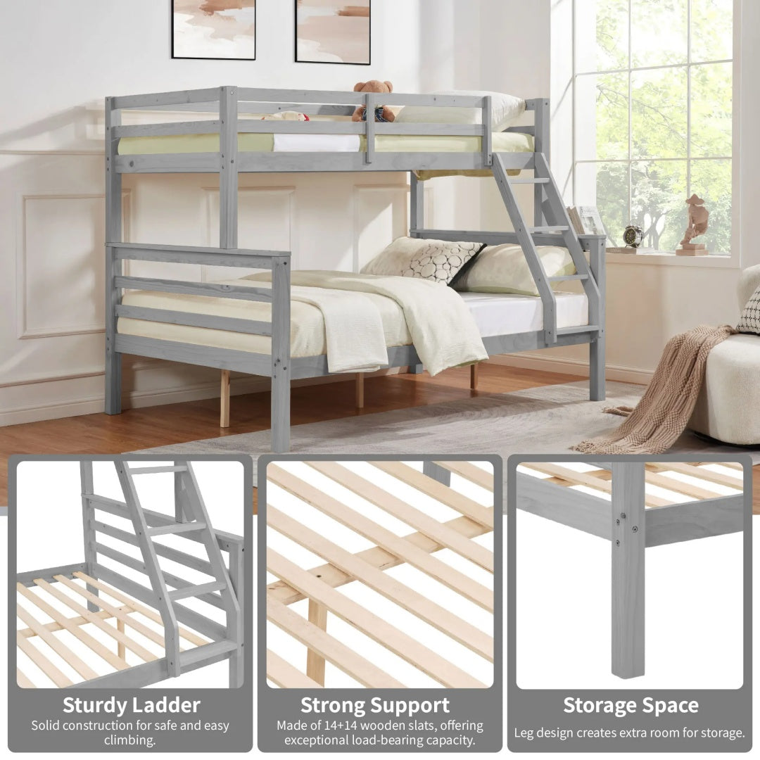 Twin Over Full Bunk Bed With Thick Posts,Wooden Bunk Bed With High Guardrail And Ladder For Kids, Teens, Dorm Rooms, And Guest Rooms,No Box Spring Needed,Grey