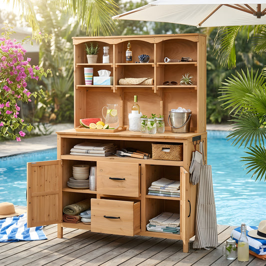 With Assembly Video TOPMAx Large Fir Wood Potting Bench 45.3 L Multi- Functional Outdoor Patio Kitchen Island With Hutch  Cabinets Drawers & Hooks  Large Countertop For Gardening  Grill  Natural Wood
