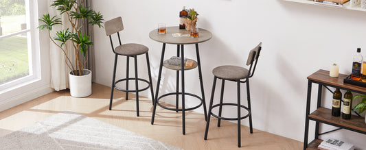 Round Bar Stool Set With Shelf, Upholstered Stool With Backrest Grey, 23.62 W X 23.62 D X 35.43 H.