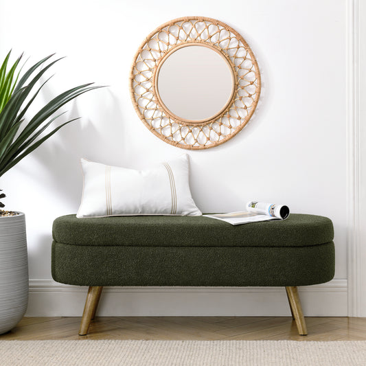Ottoman Oval Storage Bench,Rubber Wood Legs, Green 43.5 X16 X16