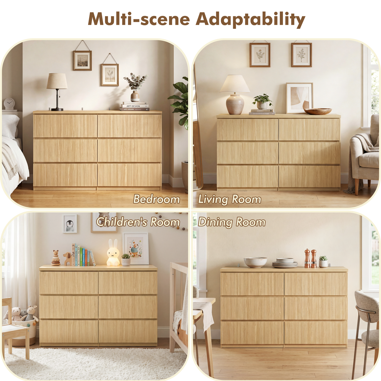 6 Drawer Storage Cabinet ,Dresser, Wood Storage Tower Clothes Organizer With Wavy Drawer Panel, Wide Chest Of 6 Drawers, Large Storage Space For Bedroom, Hallway, Entryway Living Room Natural