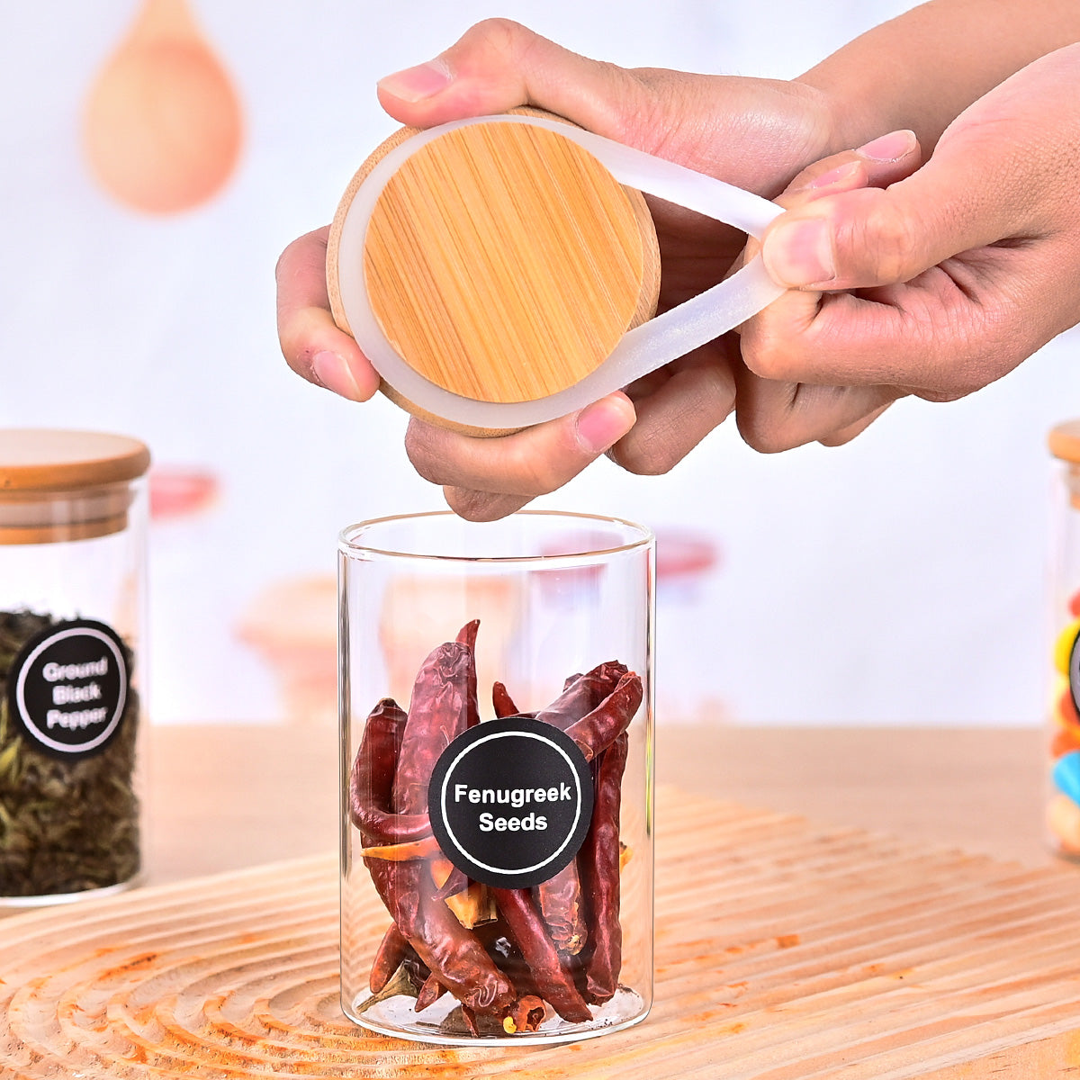 12 Pcs Round Spice Jars With Bamboo Lids And Stickers, Glass Storage Jars, Candy Jars, Coffee Jars, Salt Jars, Pepper Jars, Tea Jars
