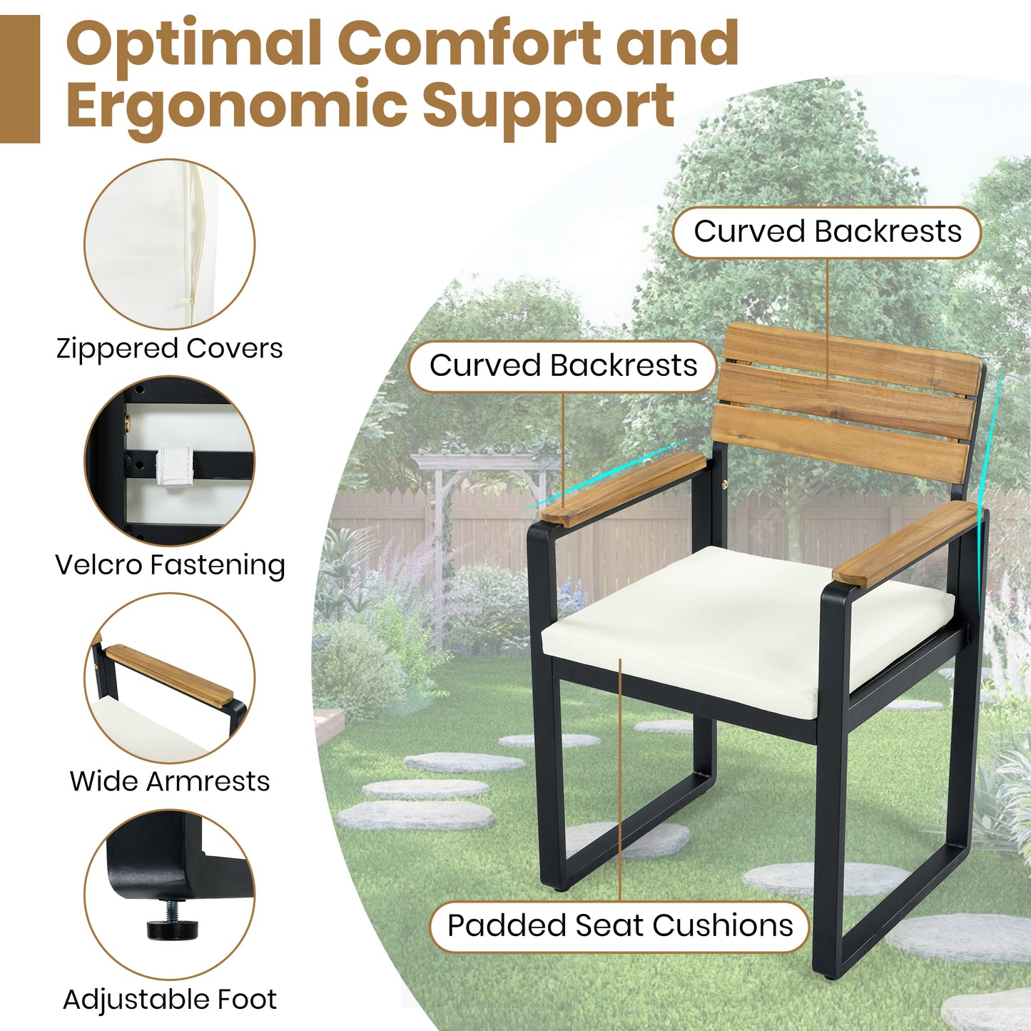 6-Piece Outdoor Dining Set, Acacia Wood, 1 Table With 4 Chairs & 1 Bench For 6-7 Person, Comfortable Cushions On Chairs, Adjustable Feet, For Patio, Garden, Backyard Dining, Beige Cushion