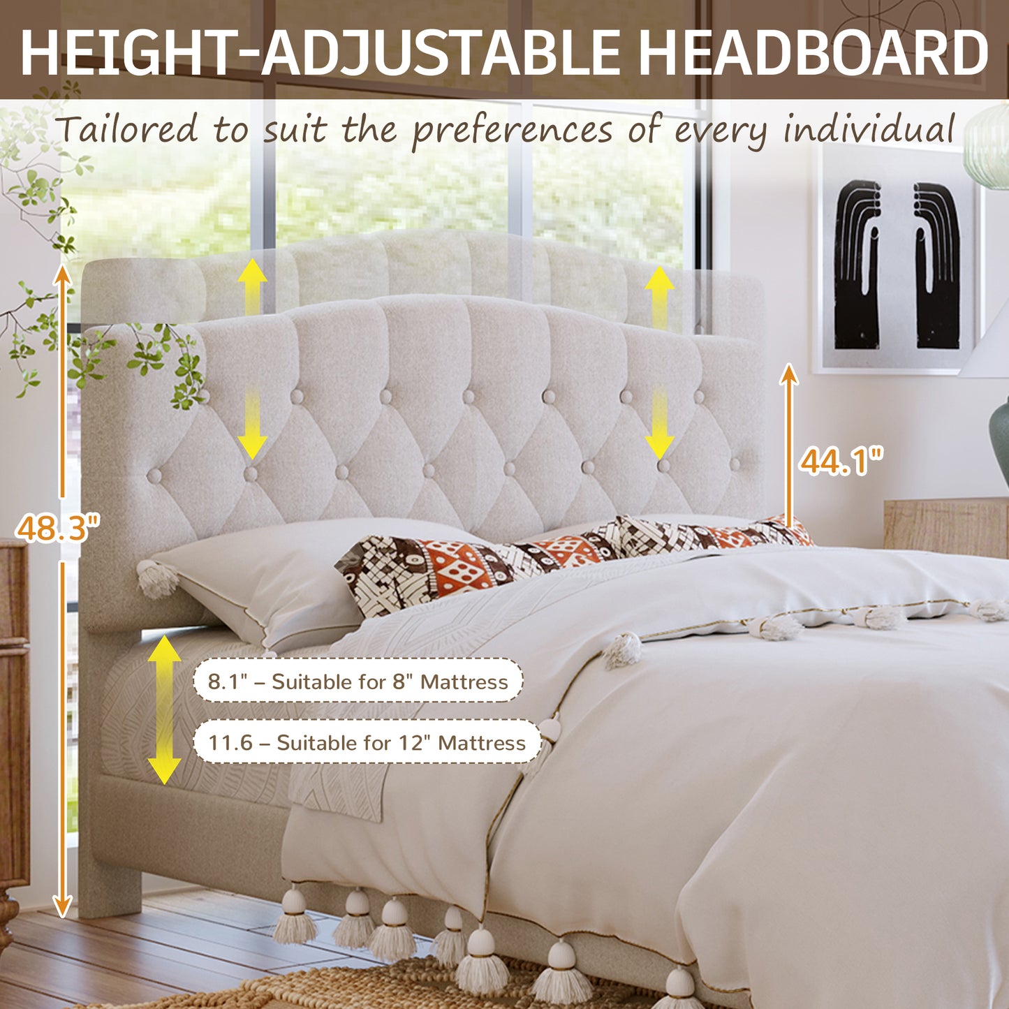 Upholstered Platform Bed With Saddle Curved Adjustable Headboard And Diamond Tufted Details,Wooden Slats And Metal Support, No Box Spring Needed,King, Beige