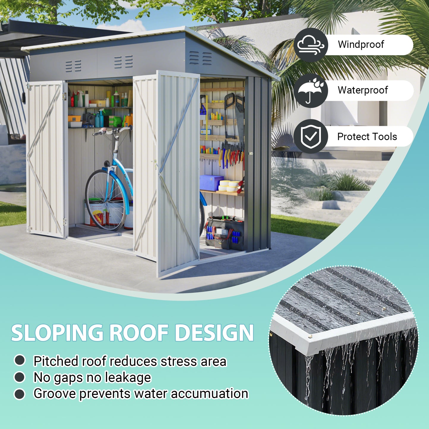 4x8 Slope-Roof Reinforced Storage Shed With Weatherproof Sloping Roof & 4 Air Vents, Heavy-Duty Sturdy Metal Frame, Left Right Optional Door, Outdoor Tool Shed Warehouse For Garden Storage Pet House