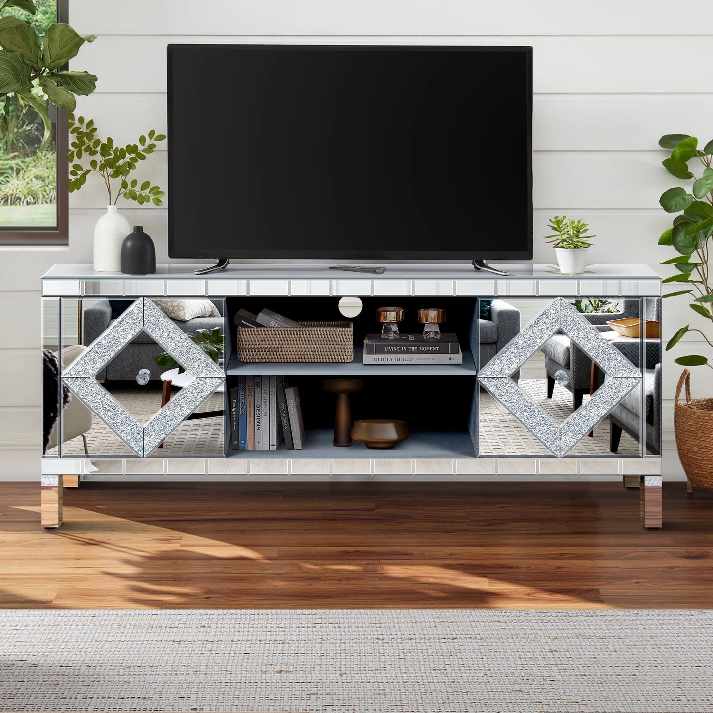 Mirrored TV Stand For 65 Inch TV,Sliver TV Console Table With Open Storage & 2 Storage Cabinets ,Diamond Shape Sparkling Mirror Doors For Living Room 59'W X 25.2H X 15.7D
