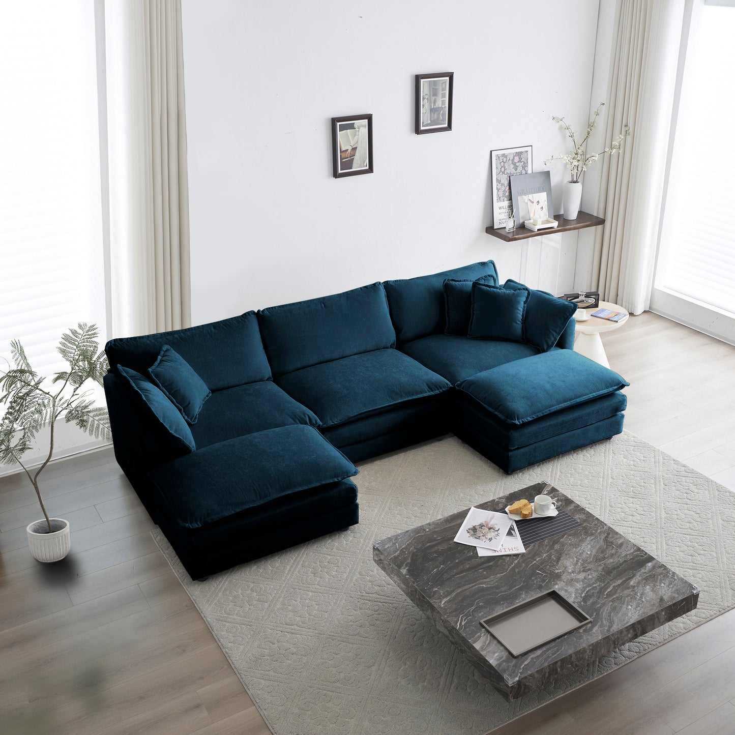 U-Shaped Sectional Sofa W Reversible Footrest, 5-Seater Convertible Corner Couch With 2 Ottomans ,Modern Minimalist Soft Sofa & Couch For Living Room , Blue Chenille