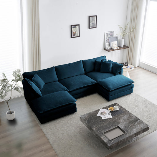 U-Shaped Sectional Sofa W Reversible Footrest, 5-Seater Convertible Corner Couch With 2 Ottomans ,Modern Minimalist Soft Sofa & Couch For Living Room , Blue Chenille