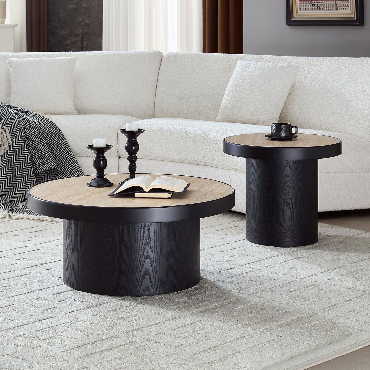 Set Of 2 Coffee Table,MDF Round Coffee Table Sintered Stone Tabletop For Living Room ,Apartment,Leisure Area BLACK