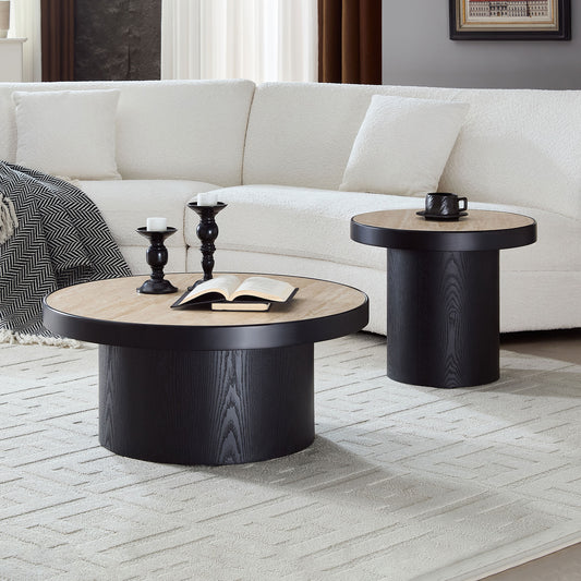 Set Of 2 Coffee Table,MDF Round Coffee Table Sintered Stone Tabletop For Living Room ,Apartment,Leisure Area BLACK
