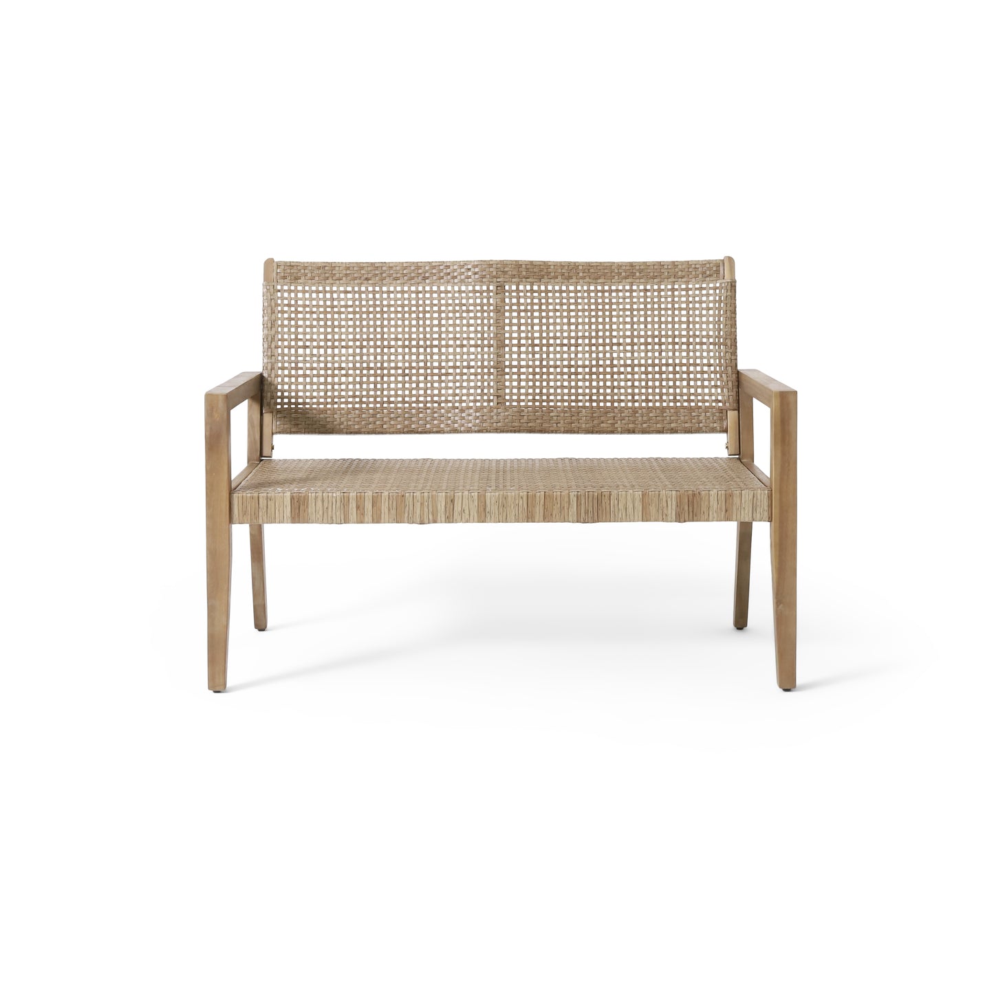 Outdoor Wicker And Acacia Wood Loveseat, Light Multibrown And Light Brown, 34 H X 46.5 W X 27.25 D