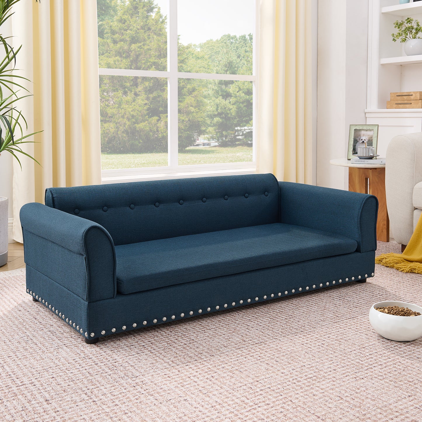 Oversized Pet Sofa ,Elegant Modern Linen Fabric Elevated Dog Sofa Bed, Comfortable Oversized Rectangular Pet Bed With Backrest & Armrest For Large & Oversized Dogs-Dark Blue
