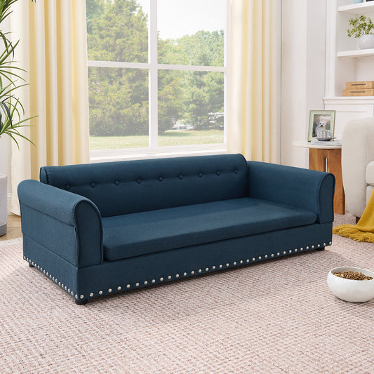 Oversized Pet Sofa ,Elegant Modern Linen Fabric Elevated Dog Sofa Bed, Comfortable Oversized Rectangular Pet Bed With Backrest & Armrest For Large & Oversized Dogs-Dark Blue