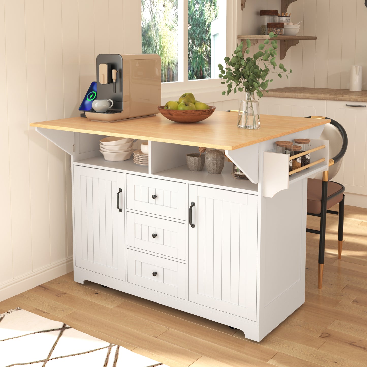 K&K 55.7  Large Kitchen Island With 2 Drop Leaf,, Rolling Kitchen Cart On 5 Wheels With Power Outlet, Folding Storage Dining Table With Spice & Towel Rack , 3 Drawers, For Kitchen, Dining Room,White