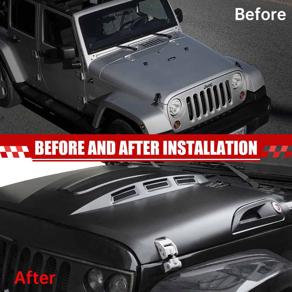 The Avenger Style Replacement Hood Compatible With 2007-2017  Wrangler JK JKU Unlimited Rubicon Black