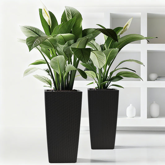 Pack Of 2 Square Planter For Garden 22-Inch High Faux Rattan Design Flower Pot With Automatic Watering System For Porch, Patio, Backyard, Makes Keeping Flowers Easier