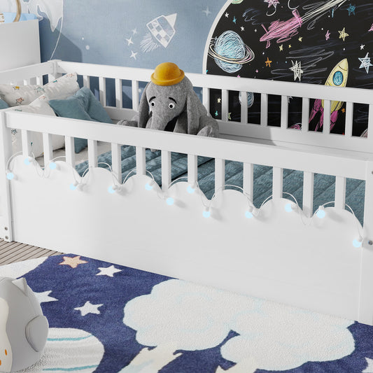 Twin Montessori Floor Bed Frame With High Rails, Wood Kids Floor Beds With Light And Storage Shelf, White Expect Arrival Date 2025 8 15