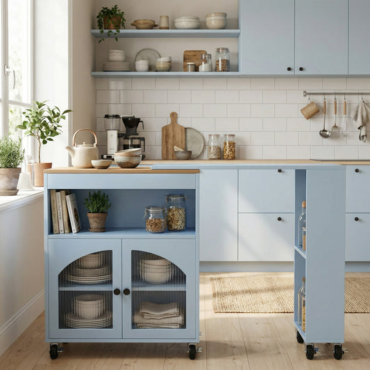 Kitchen Island On Wheels With Extended Table MDF Rolling Kitchen Storage Cart With LED Light Power Outlets 2 Fluted Glass Doors Side 3 Open Shelves Blue US Plug